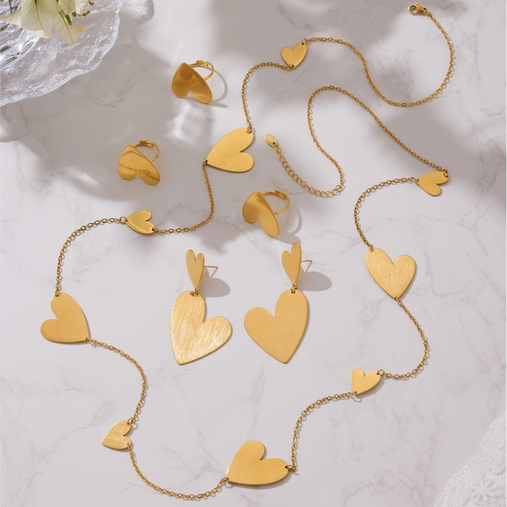 Herz Halskette Ohrringe Ring aus Edelstahl 18k vergoldet Pulloverkette Lange Halsketten Passende Ohrringringe für Frauen