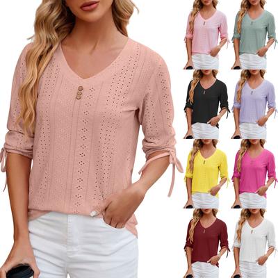 Tricou Elegant cu Mâneci Medii, Versatil și la Modă pentru Femei, cu Guler în V și Nasturi, Culoare Solidă