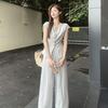 Summer Casual Waist-Cinching Two-Piece Set: Fashionable 2025 Shirt with Floor-Length Wide-Leg Pants
