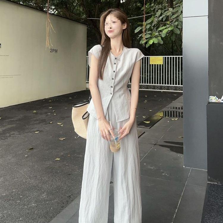 Summer Casual Waist-Cinching Two-Piece Set: Fashionable 2025 Shirt with Floor-Length Wide-Leg Pants