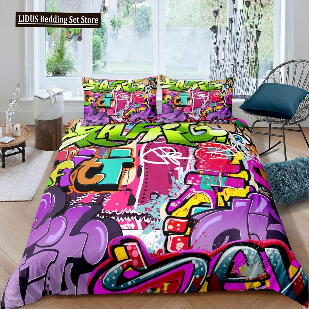 Zestaw poszwy na kołdrę Graffiti dla nastolatków chłopców Hip Hop Art Zestaw poszwy na kołdrę Muzyka rockowa Sportowy zestaw pościeli Zestaw poszwy na kołdrę Rozmiar Queen