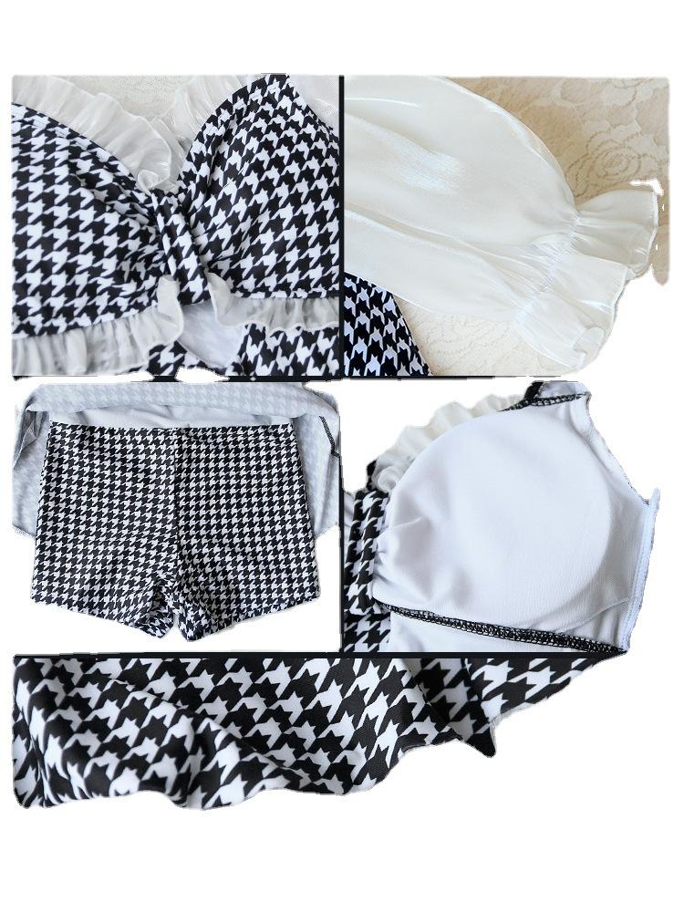 Ladies Fashion Summer Houndstooth Lace Trim Swim Dress One Piece Swimsuit with Boy Shorts Tummy Control Monokini Slimming Swimwear Modest Bathing Suit