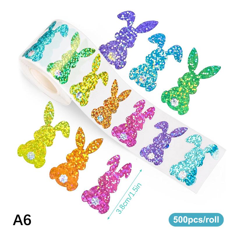 

500Pcs/roll Easter Bunny Carrot Stickers Holographic Waterproof Stickers For Easter Egg Hunt, Party Decorations, Scrapbooking