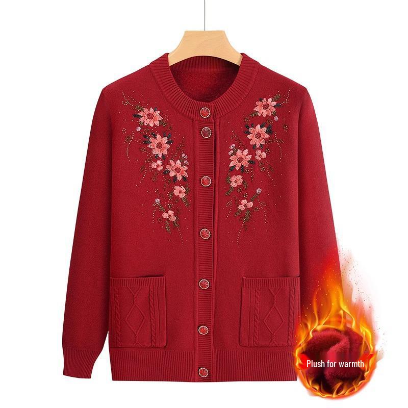 

Вышитый кардиган на флисовой подкладке: Теплый осенне-зимний свитер для женщин среднего и пожилого возраста 4XL (recommend 135-155 jin)