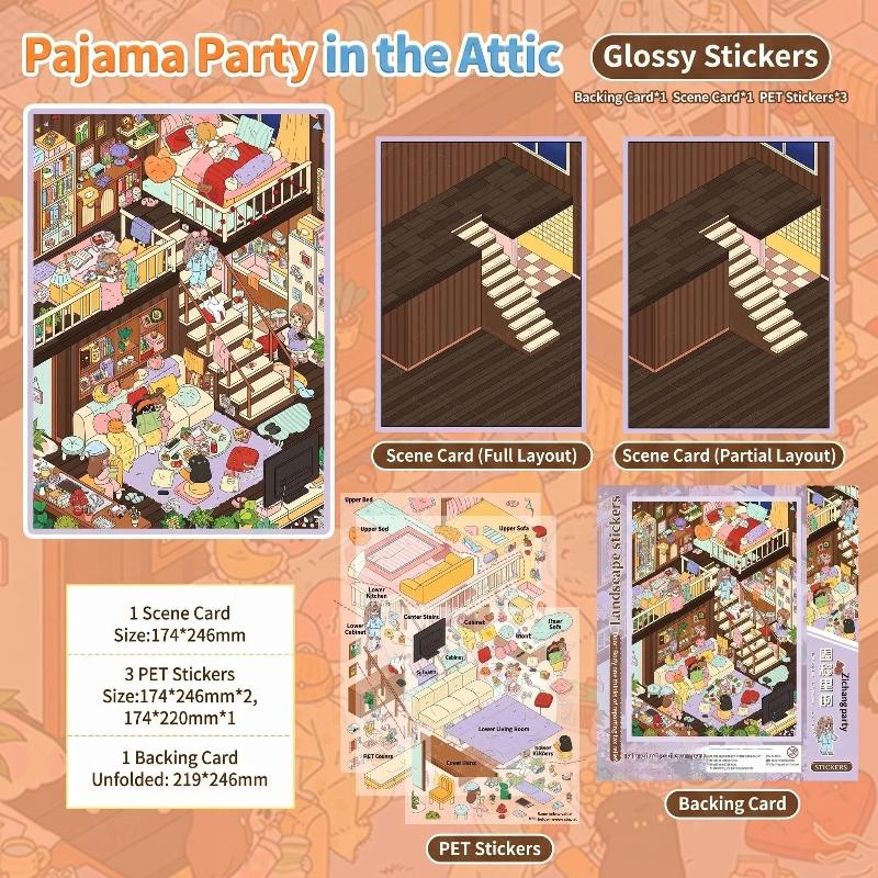 

1/2Pcs Kawaii Pajama Party 3D Best Friend Time Landscape Sticker Diy Pocket Cabin Scene Sticker Festival Gift A2