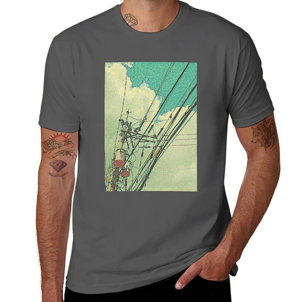 Electric Pole And Blue Sky Mosaic Tshirt Basic Solid Color Short Sleeve Cotton Top
