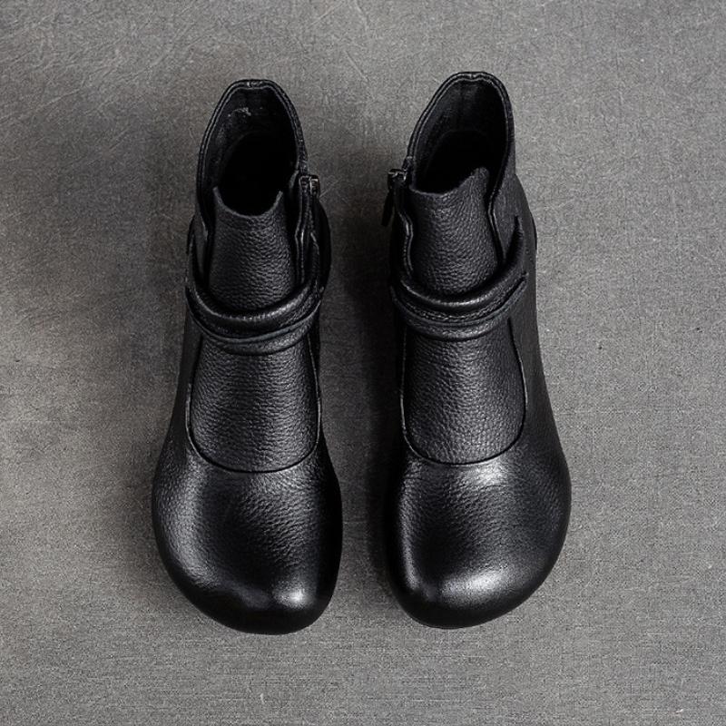 Johnature Cizme scurte retro de culoare solidă din piele naturală cu vârf rotund cu fermoar lateral cu toc mic pantofi casual damă