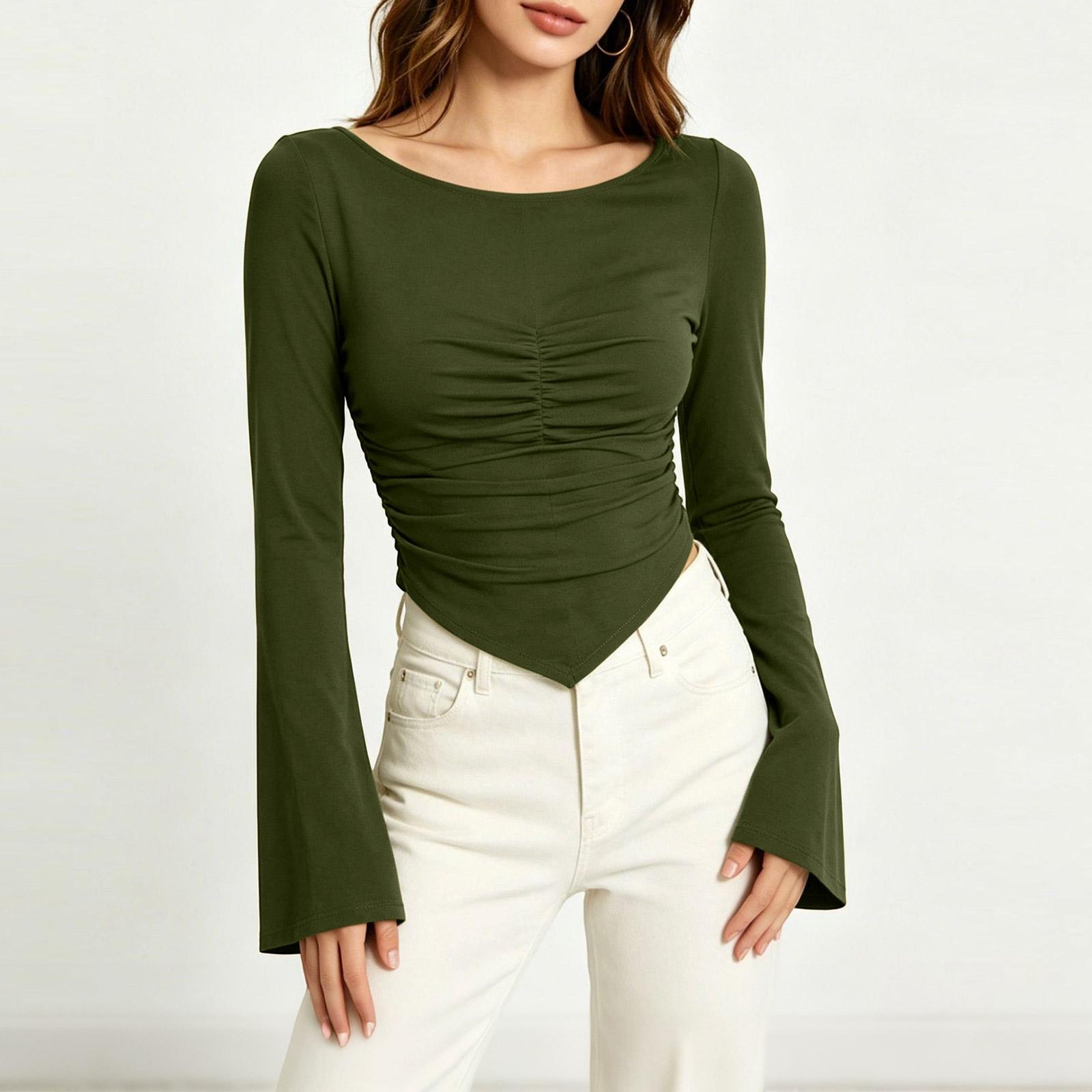 Women s Color Neck Long Sleeve Top with Flared Sleeves and Ruffled XS