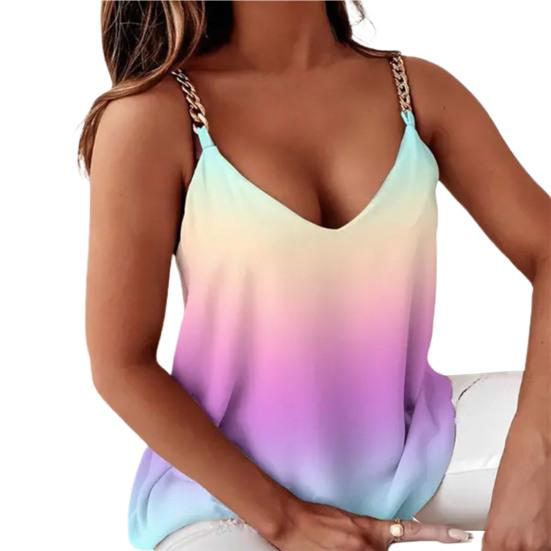V-neck Bez rękawów Pasek z łańcuszkiem Kamizelka damska Sexy Tie-dye Print Loose Camisole Top Odzież damska