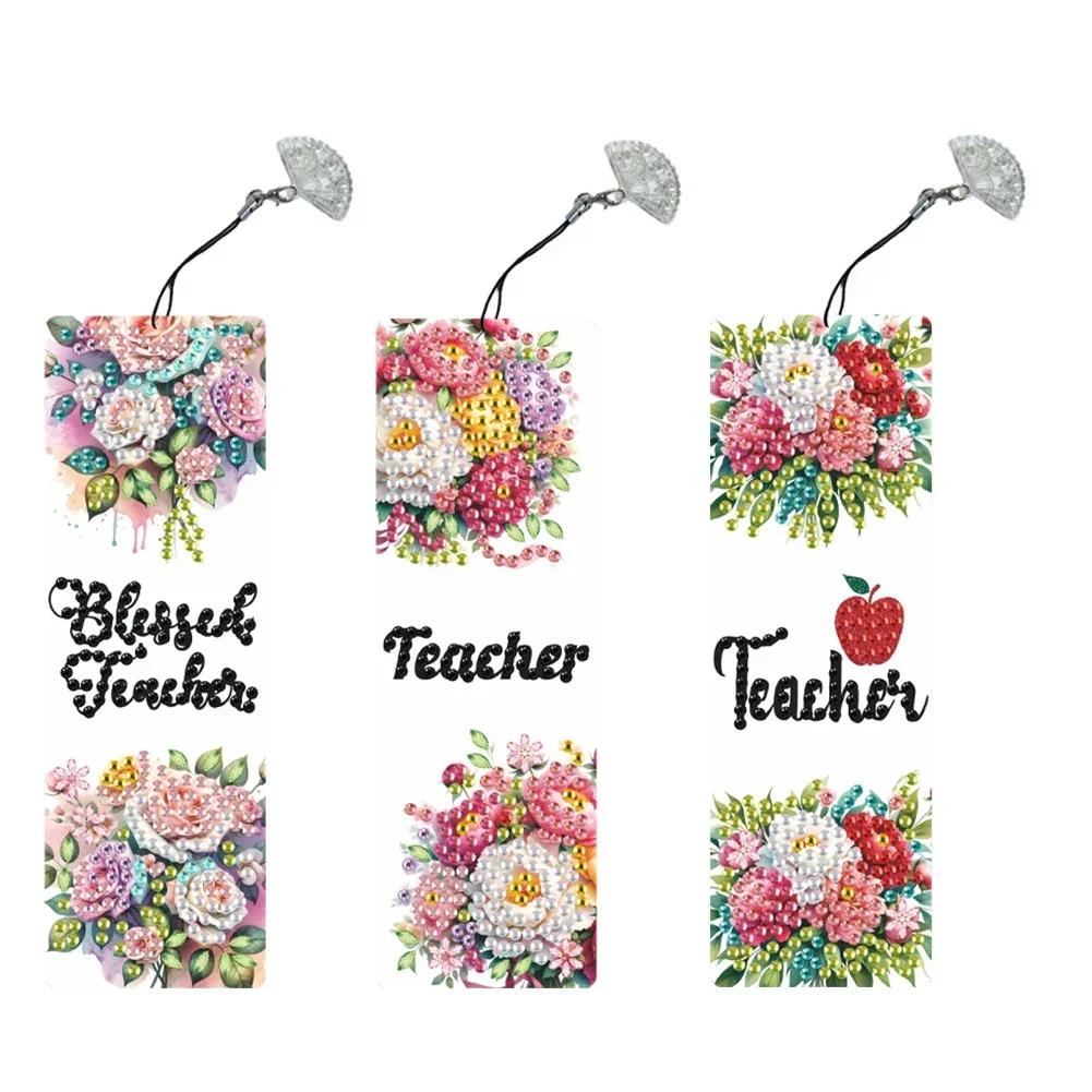 3Pcs Special Shape Flower Diamond Bookmark Art Projects Diamond Painting Bookmark Making Kit Diamond Art Bookmark with Pendant