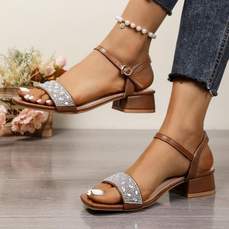 Mode Elegante Eckige Zehen Silber Glitzer Dekoration Riemchensandalen Damen Mittelhohe Absätze Sandalen Mode Knöchelriemen Party Kleiderschuhe