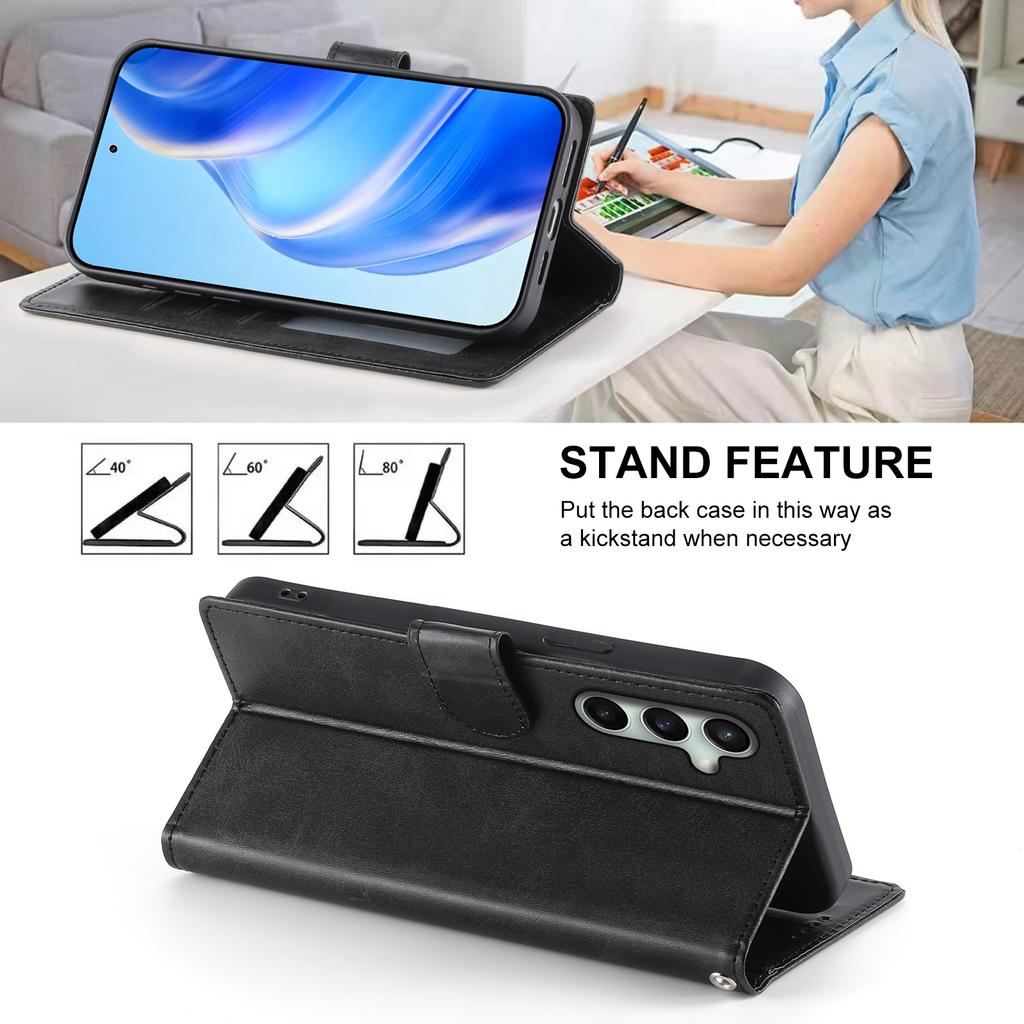For Samsung Galaxy S24 FE Case Stand Wallet Calf Texture PU Leather Flip Phone Cover with Wrist Strap