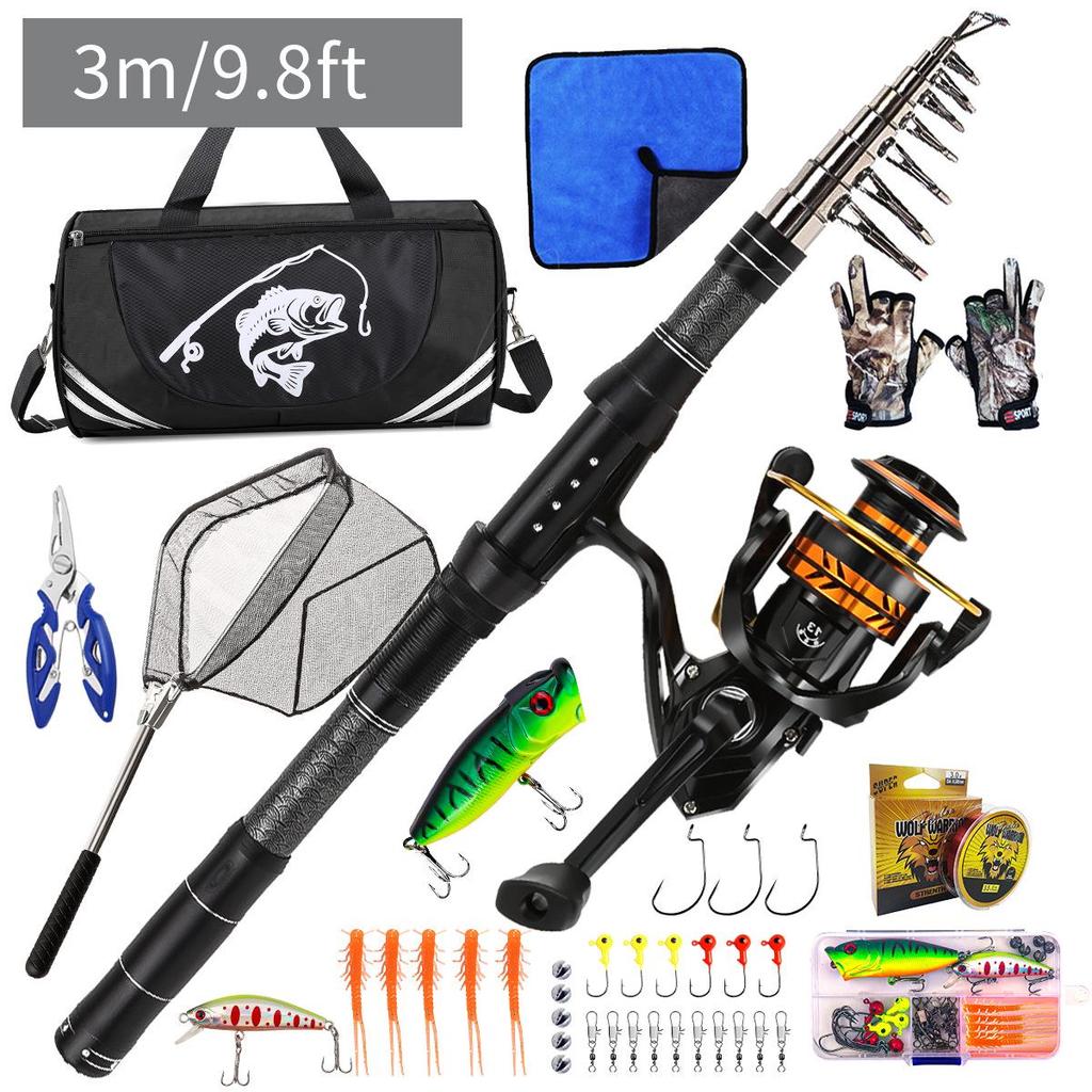 Portable Carbon Lure Rod Set with Fishing Gear Bag & Landing Net for Long Cast