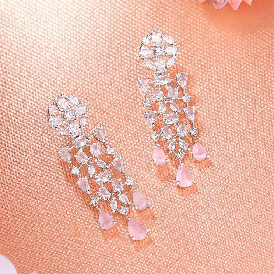 Estele Designer Rhodium Plated Earrings with Shimmering CZ Streamers and Mint Pink Stones for Women