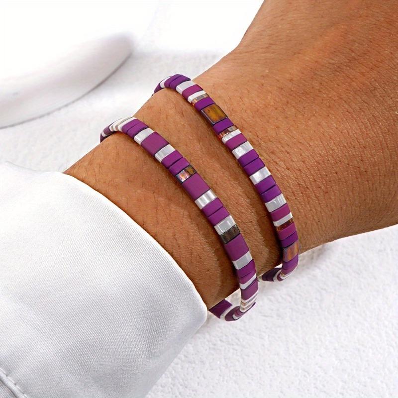 Purple White Boho Seed Bead Bracelet, Handmade Beaded Jewelry for Beach Party Daily Wear