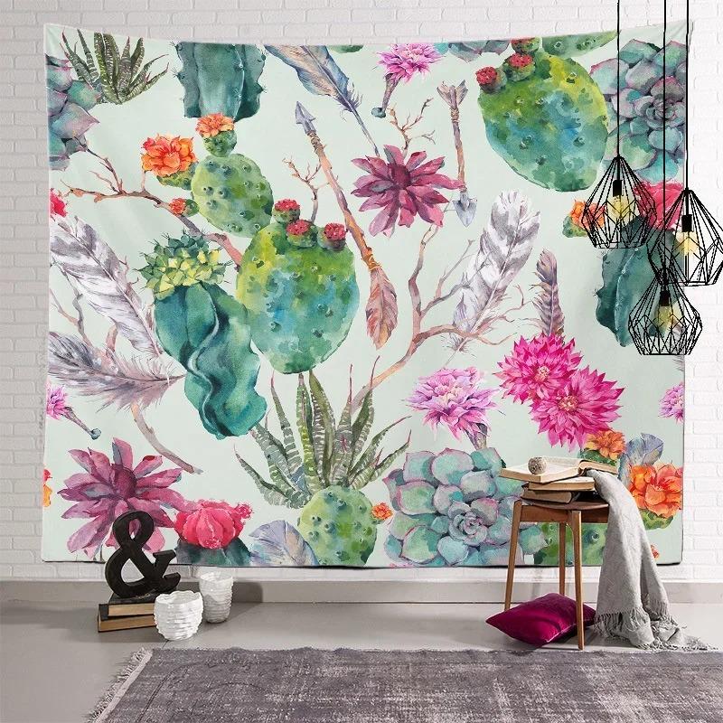 Nordic Home Fabric Plant Tapestry Wall Hanging Retro Tropical Plant Cactus Wall Hanging Art Painting Background Decoration