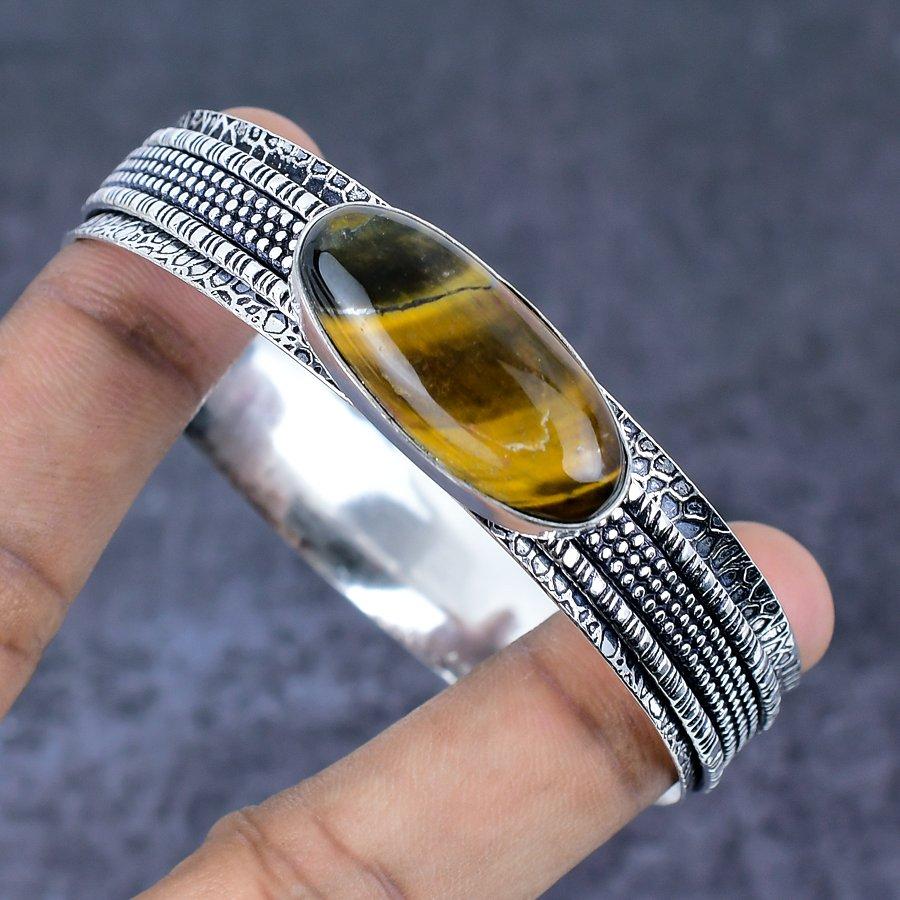 Tiger Eye Gemstone Handmade 925 Sterling Silver Cuff Bangle 7.5" N9Q06