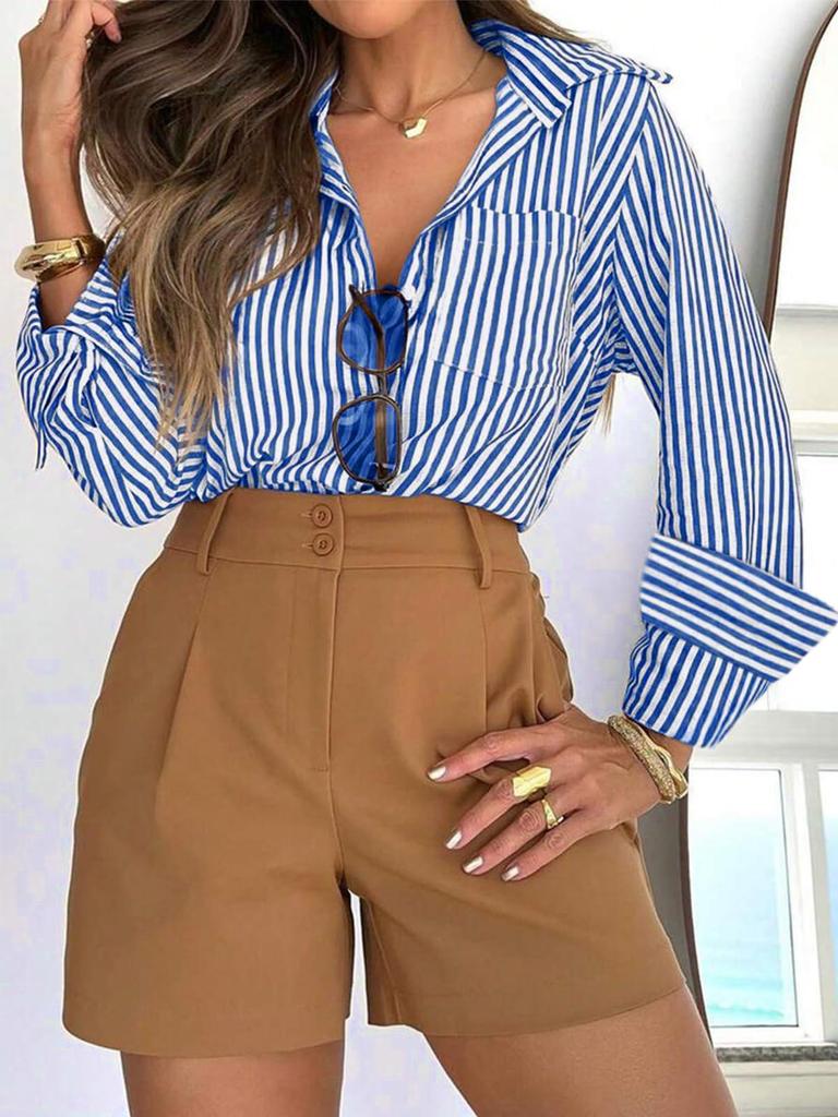 Women's Long Sleeve Striped Button-Down Shirt with Pockets
