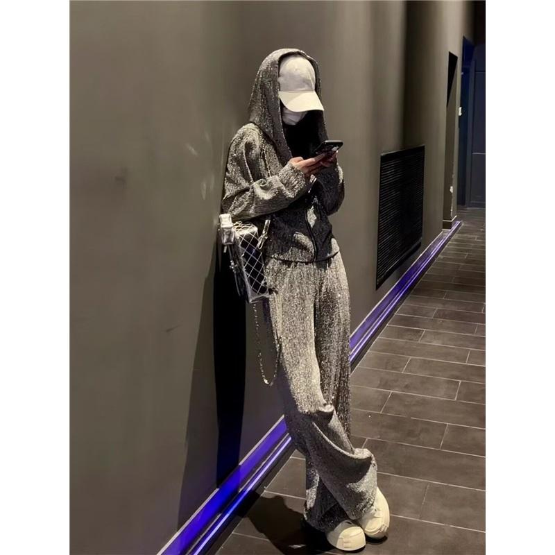 Neuer Glänzender Trainingsanzug für Damen Locker sitzender Hoodie Weite Hosen Lässiges Outfit