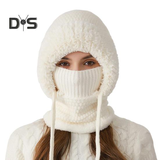 

Женская зимняя шапка со встроенным шарфом, защищающая от холода, спереди, плотная трикотажная теплая однотонная шапка для полной защиты от холода, для езды на велосипеде и путешествий молочный белый