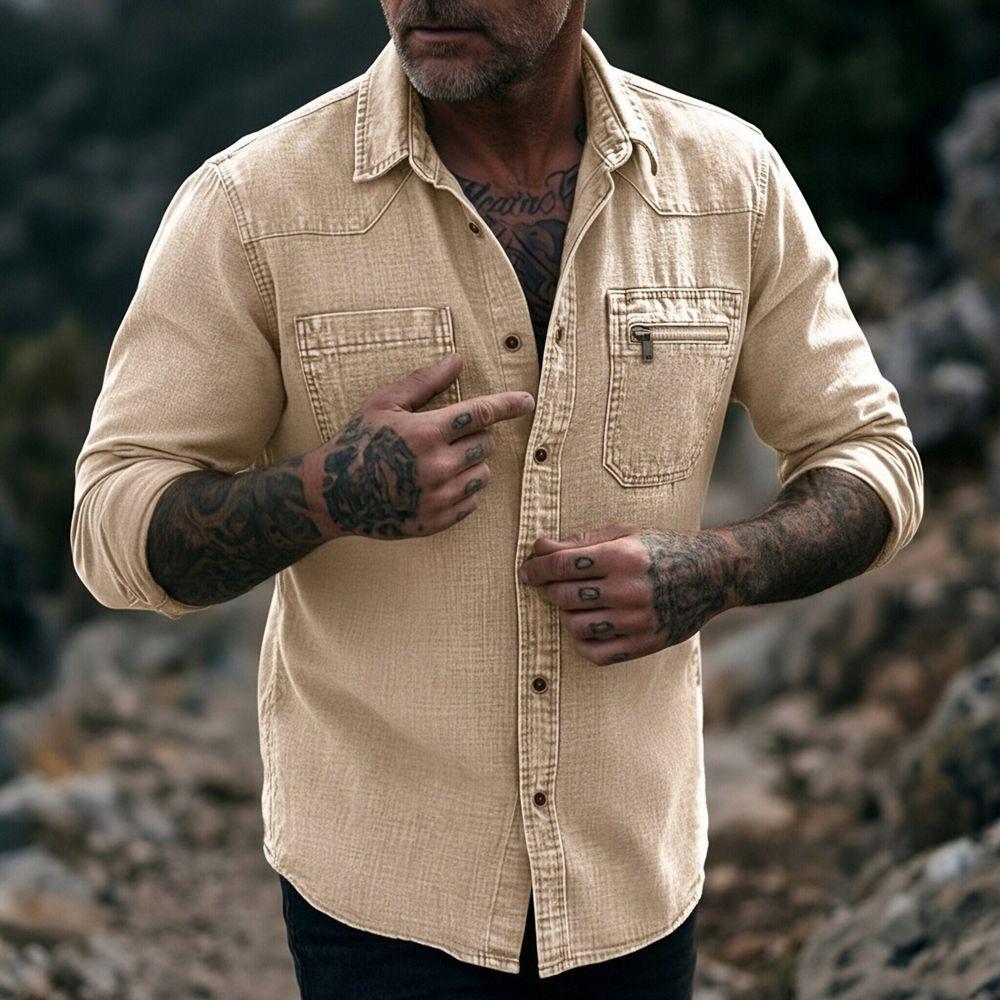 Camicia da uomo vintage in denim lavato a maniche lunghe con bottoni e tasca con zip, casual, da lavoro