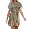Womens Summer Short Dresses O Neck Casual Batwing-Short Sleeve Belted Dress For Women