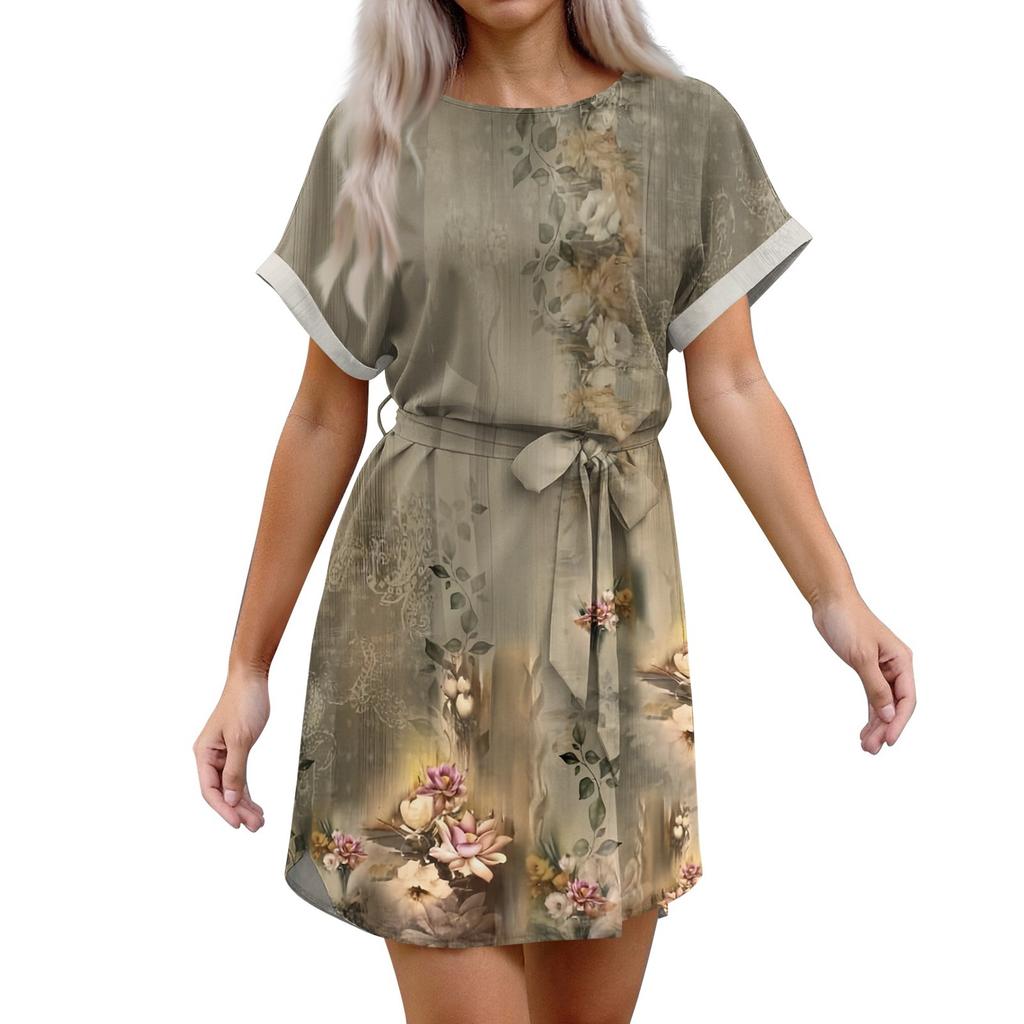 Womens Summer Short Dresses O Neck Casual Batwing-Short Sleeve Belted Dress For Women