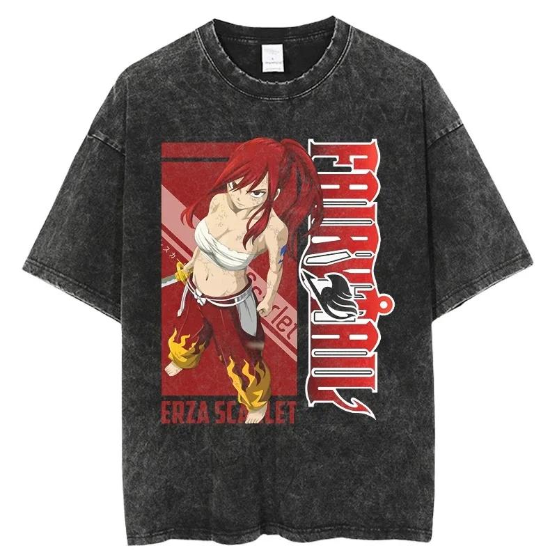 

Anime Manga Peripherals T-shirt Natsu Lucy Happy Gray Graphic Print Washed Vintage Short Sleeve Men Women Cotton Tee 3XL
