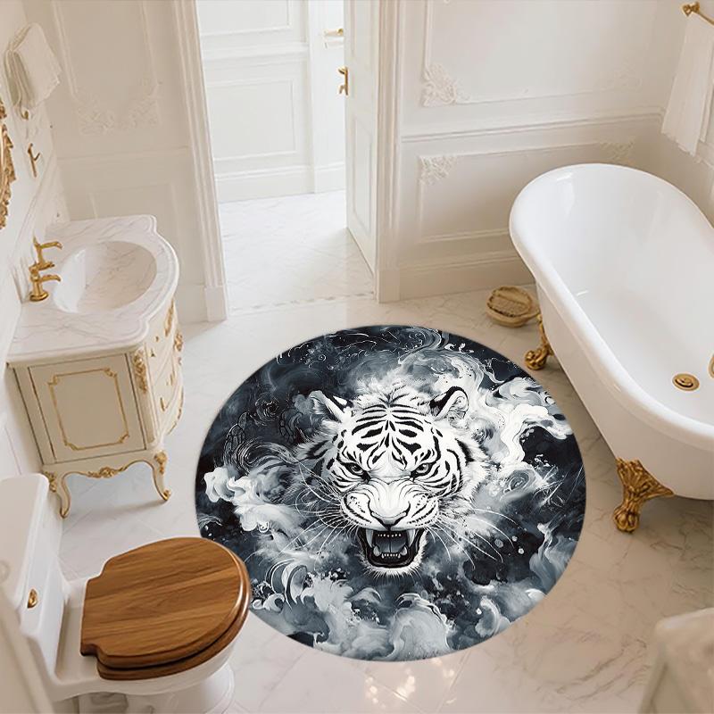 Black and White Tiger,Round Area Rug,Carpet Rug for Living Room Bedroom Sofa Playroom Decor,Non-slip Floor Mat