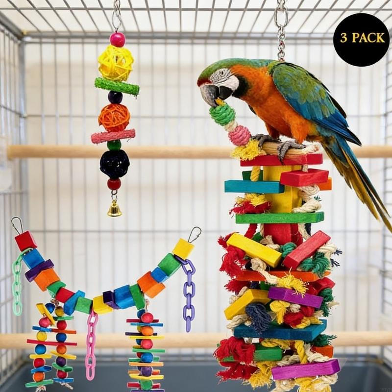 Colorful Natural Play Toy For Medium Large Birds Safe Chewing Bird Cage Hanging Activity Foraging Toy P9YB