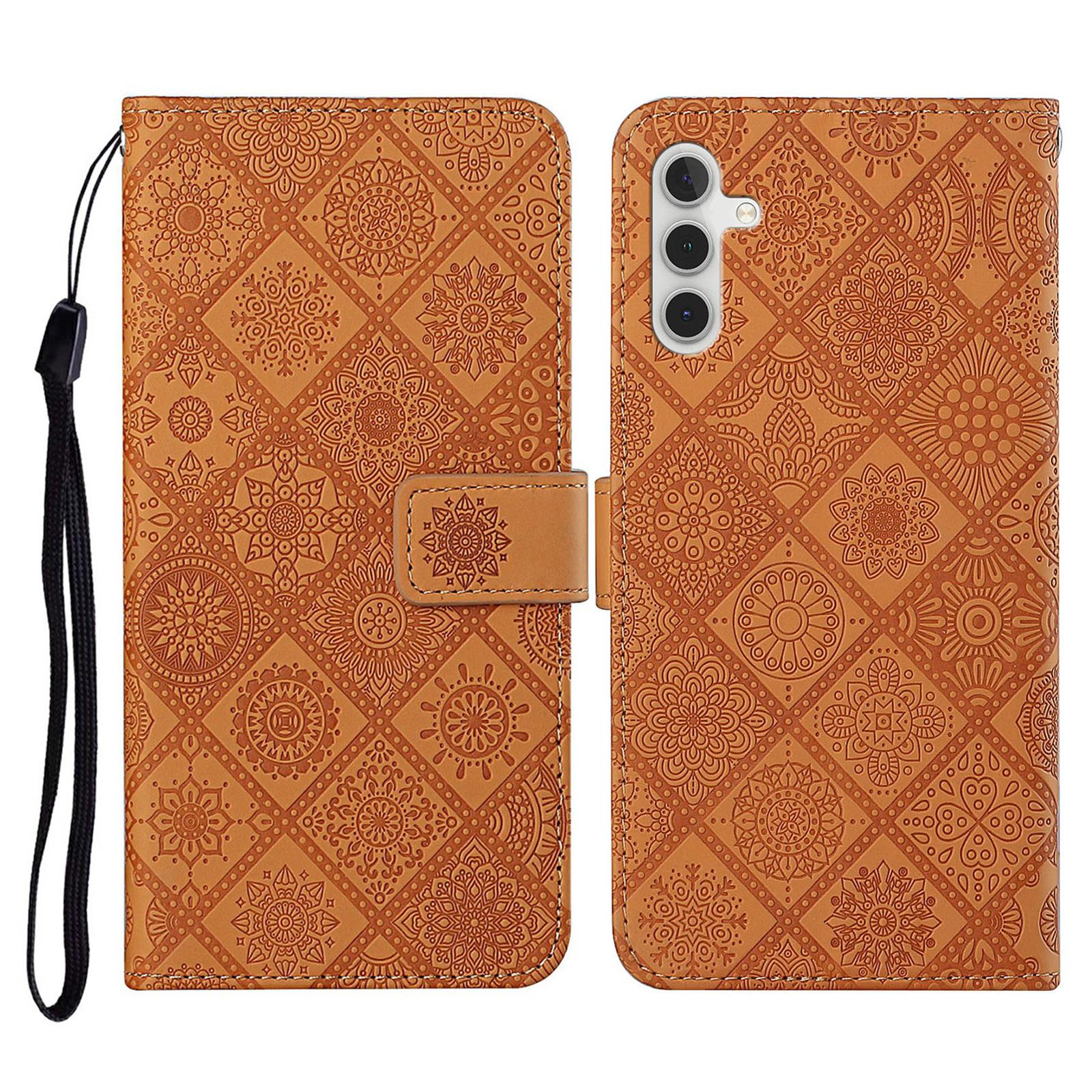 

For Samsung Galaxy S25 FE Case Leather Case Ethnic Style Wallet Phone Cover with Strap Brown