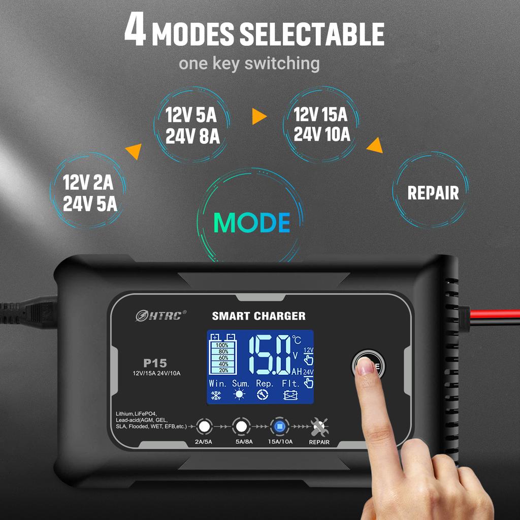 P15 12V-24V 35A/25A/20A/15A/10A Car Battery Charger LCD Automatic Pulse Repair Charge for Lifepo4 AGM Lead-Acid Lithium Batteri