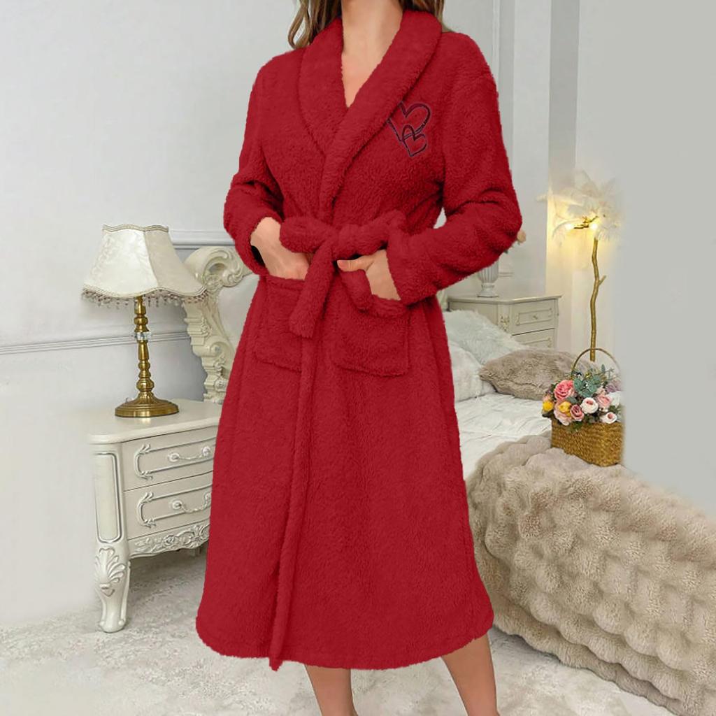 Damen Einfarbig Langärmlig Herbst/Winter Warm Bademantel Plüsch Homewear Morgenmantel Homewear Set