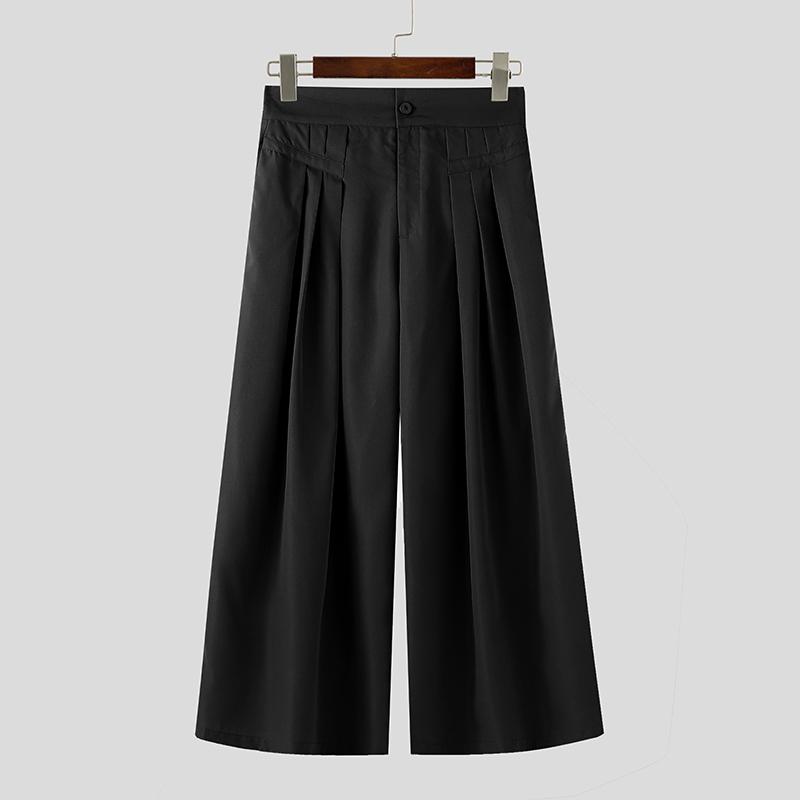 INCERUN Men Ruffled High Waist Trousers Casual Long Wide Legs Pants