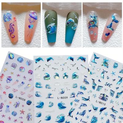 3pcs Ocean Theme Nail Art Stickers, Self Adhesive Starfish Dolphin Seashell Design Nail Art Decals For Nail Art Decoration