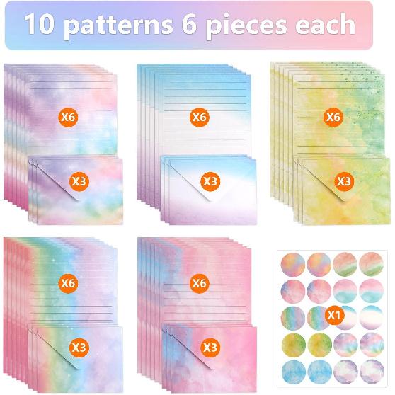 45 Stationary Letter and Envelopes: 30 Watercolor Stationery Paper&15 Envelopes, Lined Stationery Paper and Envelopes Set,Stationary Paper and