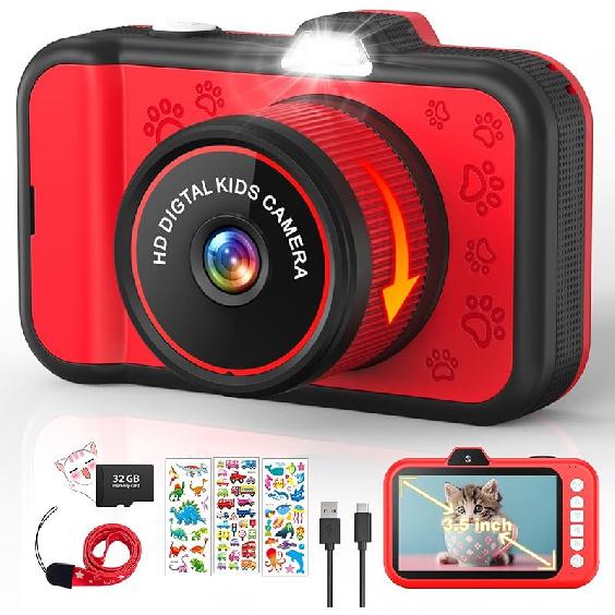Kids Camera, Toddler Digital Camera with Rotating Zoom Lens, 3.5” Large Screen, 1080P Toy Camera for Kids with Flash, 32GB Card, Birthday Gifts for