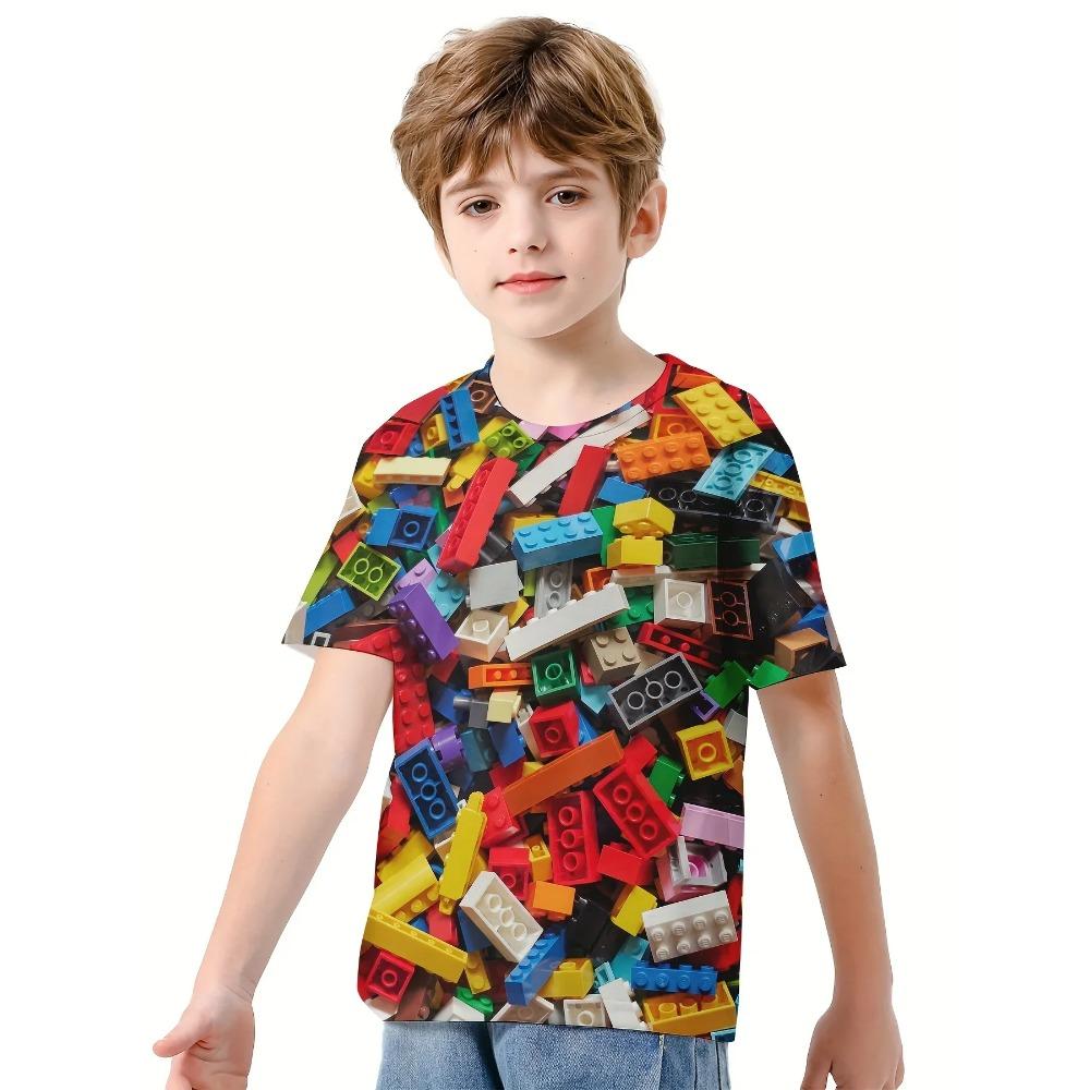 

Children s Block Pattern 3D Digital Printed Boys Fashion and Comfortable Round Neck Short Sleeved T-shirt 170