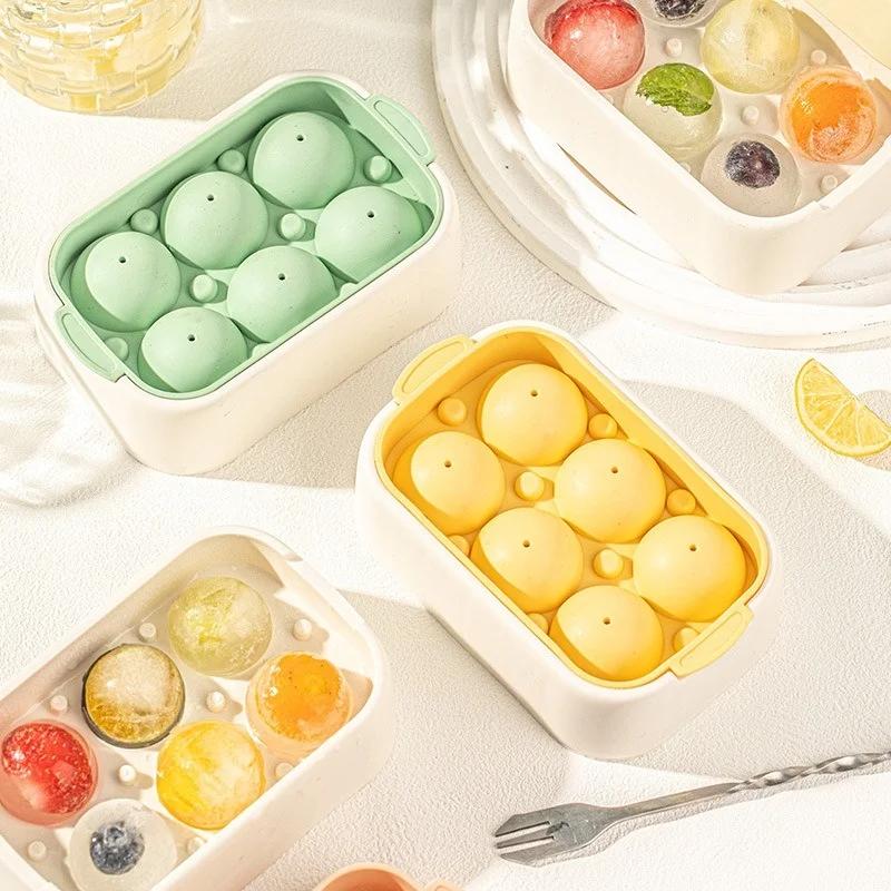 Home 6-cell Round Ice Cube Mold with Lid Summer Cooling Juice Drink Whiskey Ice Ball Maker Kitchen Gadgets PP Ice Cube Tray