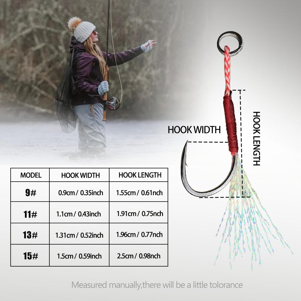 Set of 20 Fishing Assist Jigs with Barbed Hooks, Suitable for Slow Jigging And Fishing, Available in Four Sizes (9, 11, 13, 15).