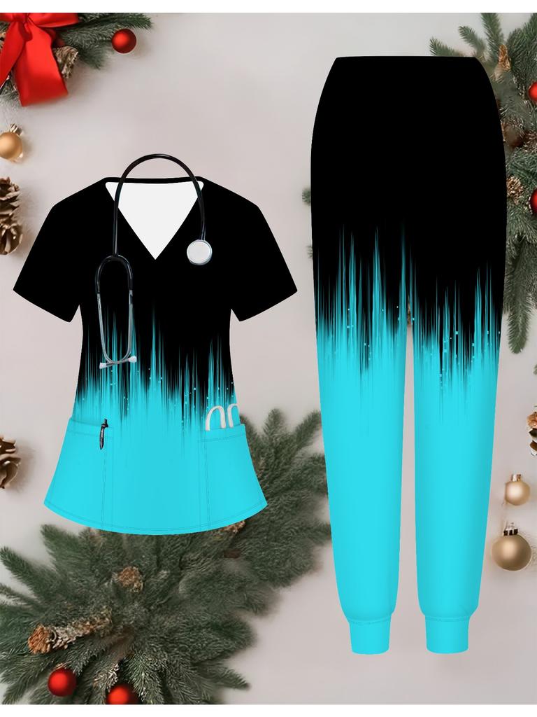 3D Farbverlauf Bedrucktes Damen Krankenschwester Uniform Set Kurzarm Lange Hose mit Tasche Lässig Modisch Weihnachtsgeschenk