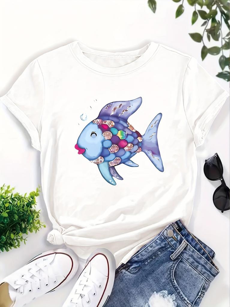 Polyester 100% Lady Rainbow Scale Fish Teacher T-shirt Nostalgic Design Featuring "Kindness" Print Short-sleeved Round-neck Summer