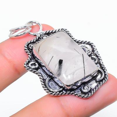Natural Black Rutile Gemstone Handmade 925 Sterling Silver Pendant 2.17" I9E89