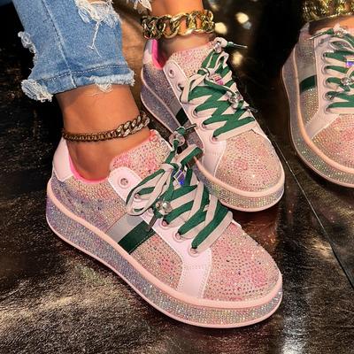 2025 Fashion Women Platform Sneakers Lace Up Rhinestone Casual Shoes Fashion Shiny Ladies Shoes High End Luxury Designer Shoes