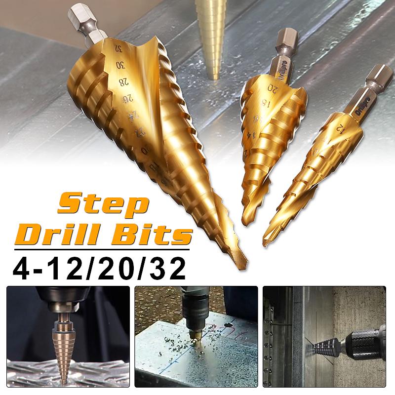 

Набор сверл Drillpro, 3 шт., набор сверл из быстрорежущей стали со спиральными канавками и ступенчатым конусом, резак для отверстий 4–12/20/32 мм (цвет:золотой)