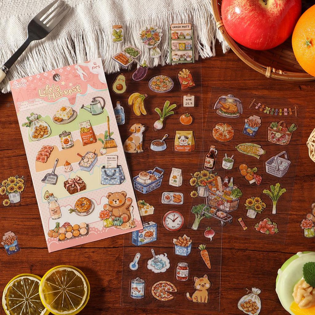 ZABC Die-cut PET Sticker Sheets: Life & Food Theme Happiness Guide Series (4 Sheets Included)
