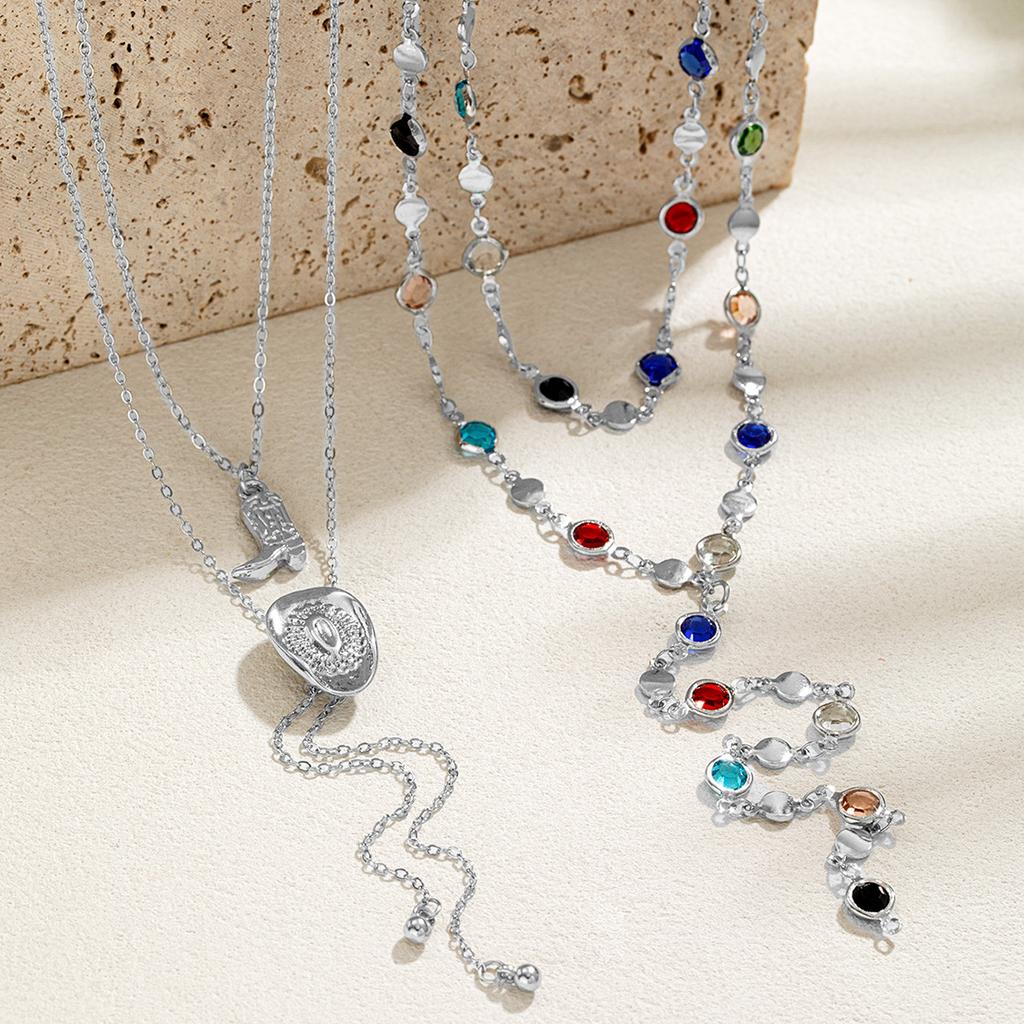 3 Western Style Denim Hat Boots Pendant Pull-out Necklace Long Colorful Round Bead Chain Y-shaped Women's Necklace Sweater Chain