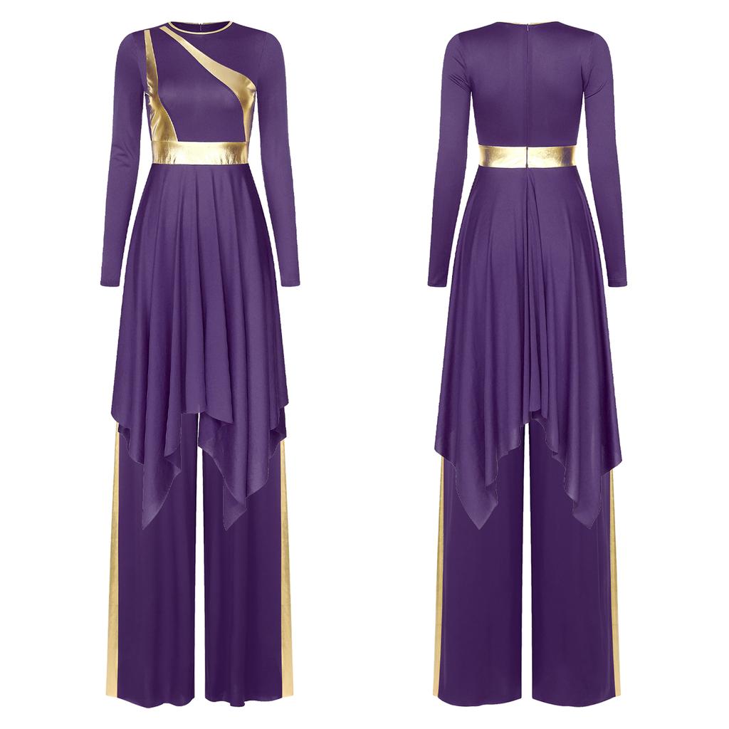 Women's Worship Dance Costume S-XXL: Round Neck Long Sleeve Metallic Shiny Patchwork Irregular Dress with Wide-Leg Pants for Church Performance