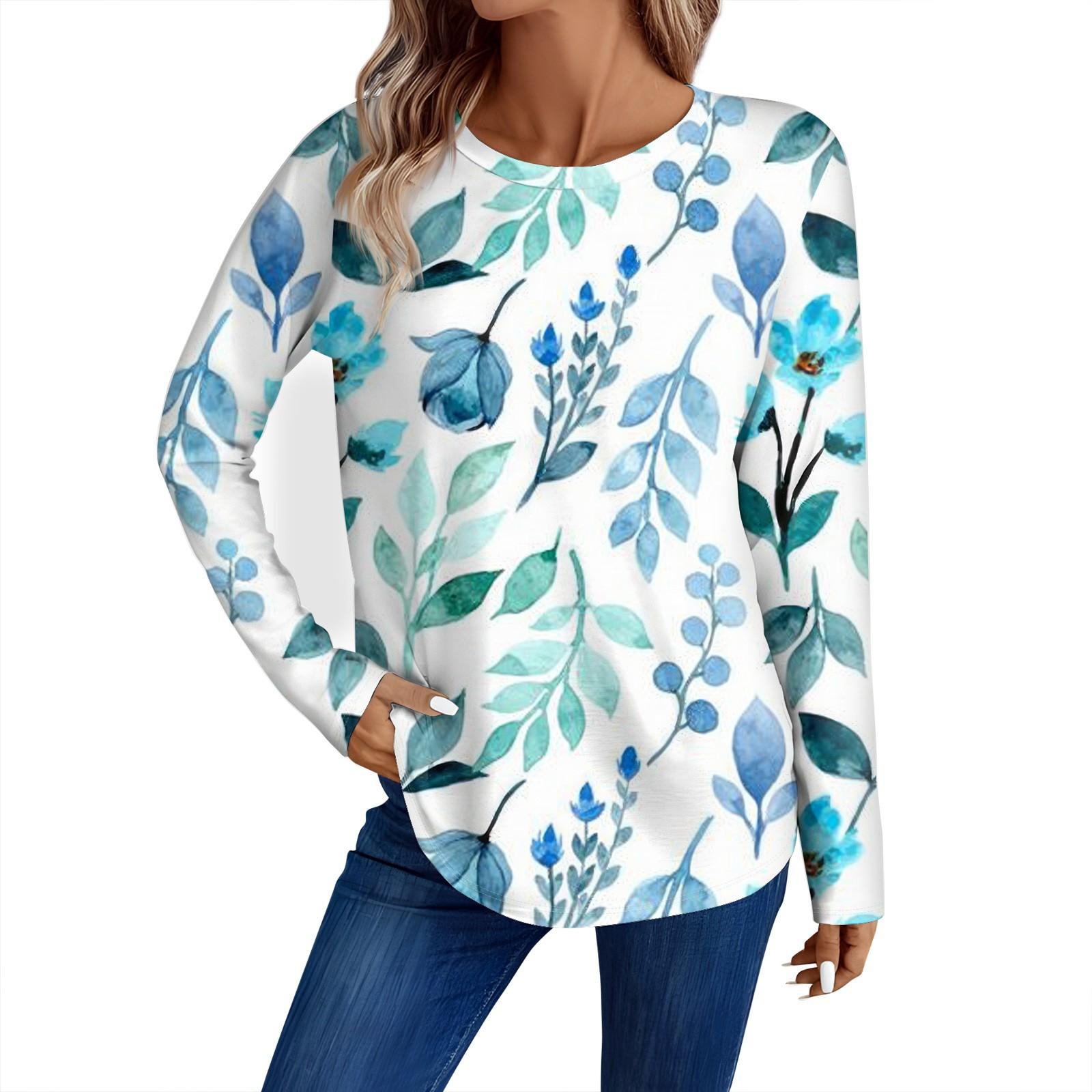 

Женская мода повседневный топ с длинным рукавом с цветочным принтом и круглым вырезом L розовый