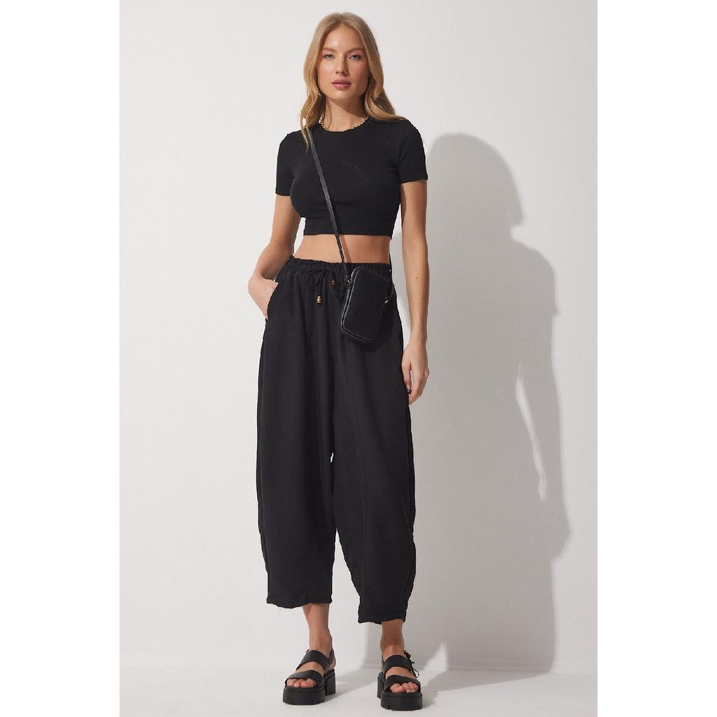 Women's Black Pocketed Linen Viscose Shalwar Trousers Cv00001